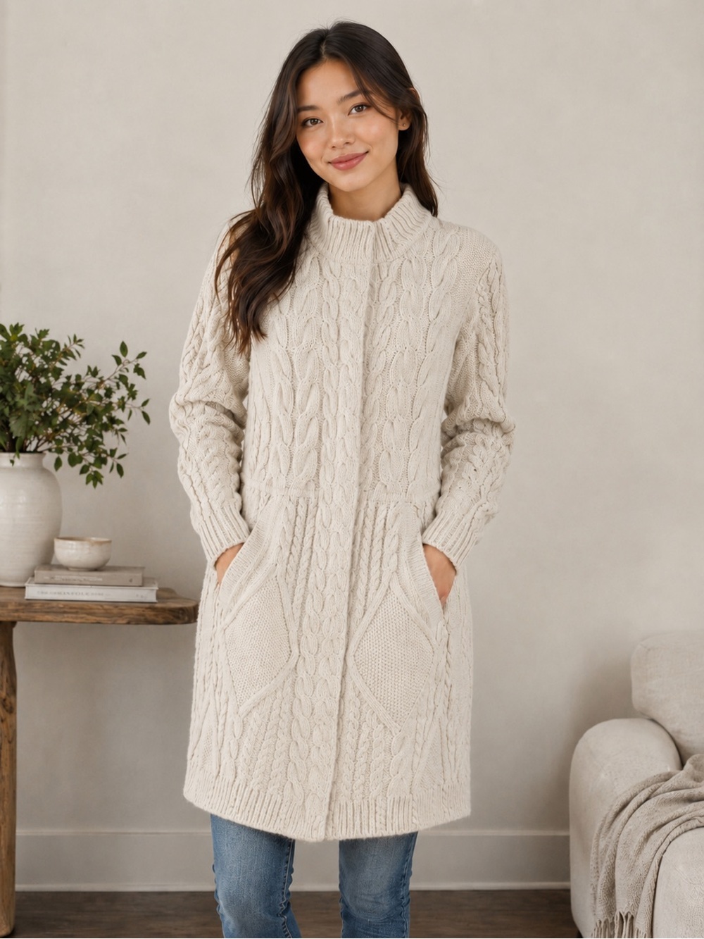 Anthropologie Guinevere 100% Lambswool Long Knit Cardigan Hidden Buttons Cream S